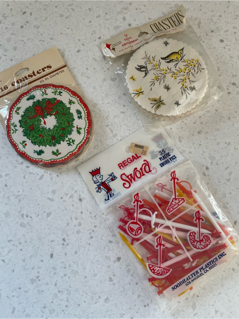 Vintage MCM Party Kit Sword Cocktail Picks with Holiday Coasters New